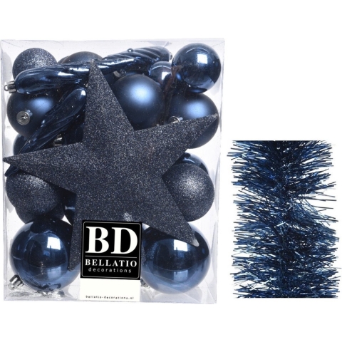 Kerstversiering kerstballen 5-6-8 cm met ster piek en folieslingers pakket donkerblauw van 35x stuks -