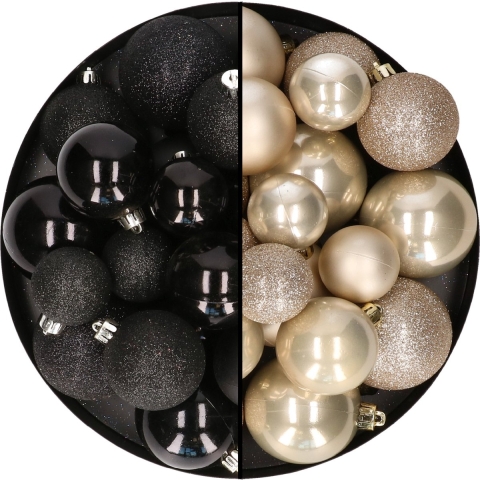 Kerstballen 60x stuks - mix zwart/champagne - 4-5-6 cm - kunststof -
