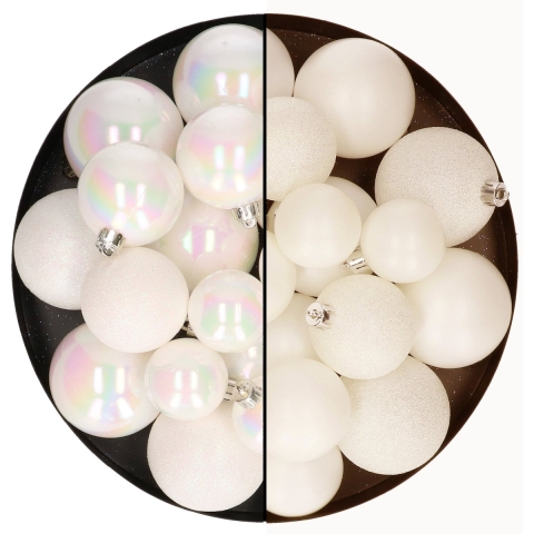 Kerstballen 60x stuks - mix parelmoer wit/wol wit - 4-5-6 cm - kunststof -
