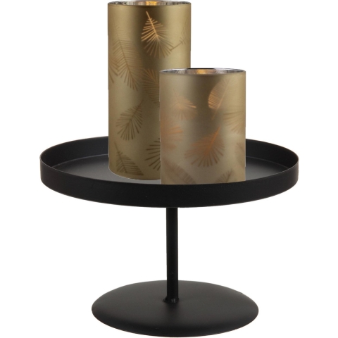 LED kaarsen/stompkaarsen - 2x st - goud - bladeren - glas - met zwart kaarsenbord 22 cm -