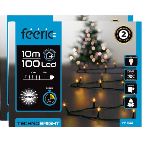 Kerstverlichting - 2x st - warm wit - 10 meter - 100 led lampjes - groen snoer - 8 functies -