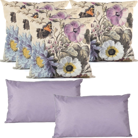 Bank/tuin kussens set - binnen/buiten - 6x stuks - wit/lila - In 2 formaten laag/hoog -