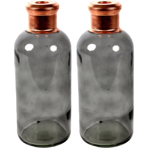 Bloemenvaas Firm Bottle - 2x - transparant grijs/koper - glas - D11 x H27 cm -