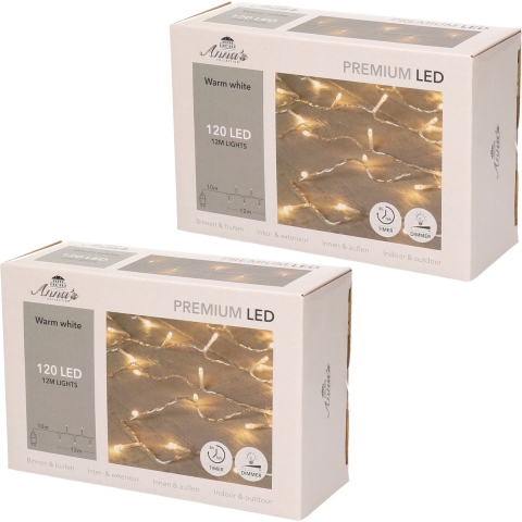 Set van 2x stuks kerstverlichting warm wit 120 leds met dimmer en timer functie 1200 cm -