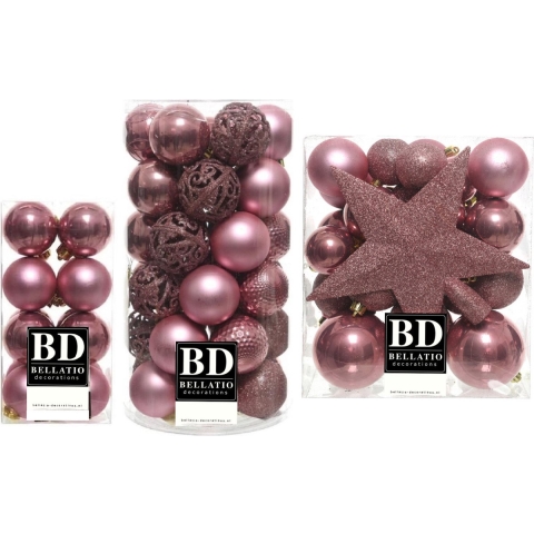 55x stuks kunststof kerstballen met ster piek oudroze (velvet pink) mix -