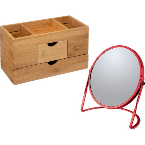 Make-up organizer en spiegel set - lades/vakjes - bamboe/metaal - 5x zoom spiegel -