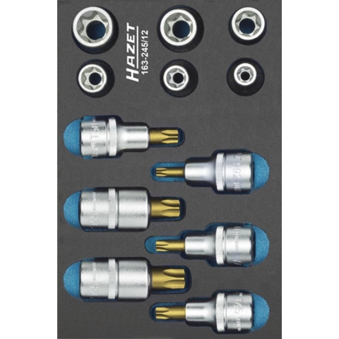 HAZET Gereedschapset - TORX® 163-245/12 - 1/2 inch (12,5 mm) vierkant hol - Buiten-TORX®-profiel, Binnen-TORX®-profiel - 12-delig - E10 - E20 - T30 -