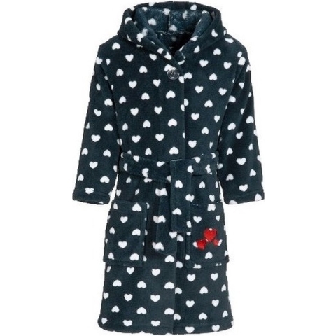 Kinder badjas/ochtendjas met hartjes print - donkerblauw 122/128 (7-8 jr) -