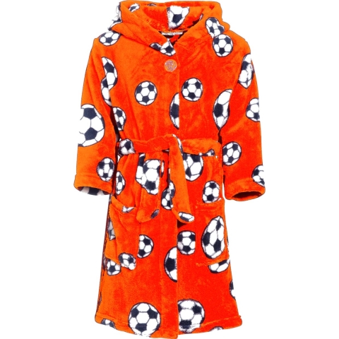 Badjas/ochtendjas oranje fleece voetbal print voor kinderen. 110/116 (5-6 jr) -