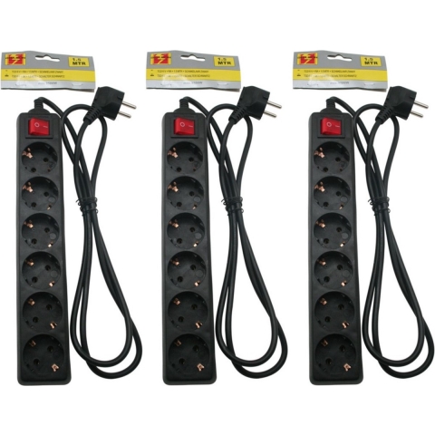 3x Stekkerdozen 6-voudig met randaarde en schakelaar zwart 1,5 meter -