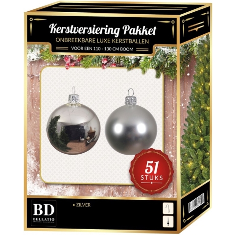 Kerstbal en ster piek set 51x zilver voor 120 cm boom -