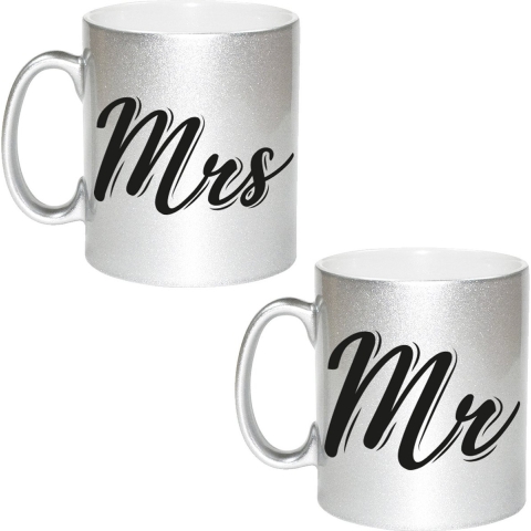 Zilveren Mr en Mrs cadeau mok / beker voor koppels 330 ml -
