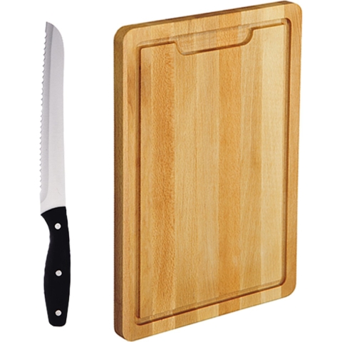 Beukenhouten snijplank 36 x 50 cm inclusief RVS broodmes 33 cm -