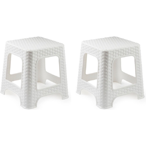 Plasicforte opstapje/krukje - Set van 3x stuks - wit - rotan kunststof - 32 x 32 x 30 cm - Keuken/ka -