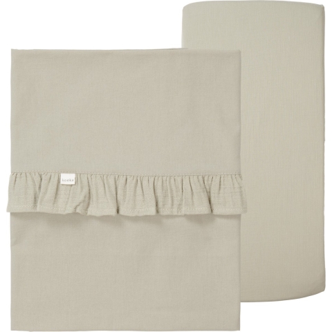 Set | Laken Ledikant + Hoeslaken Ledikant Ruffle Faro Warm White Sage