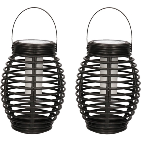 4x Zwarte solar lantaarns met vlam effect 19 cm -