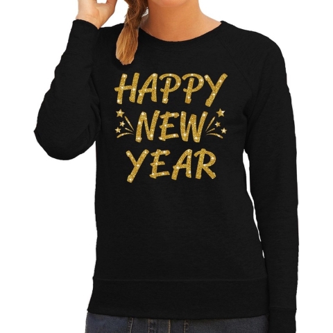Oud en Nieuw trui / sweater happy new year goud op zwart dames XS (34) -