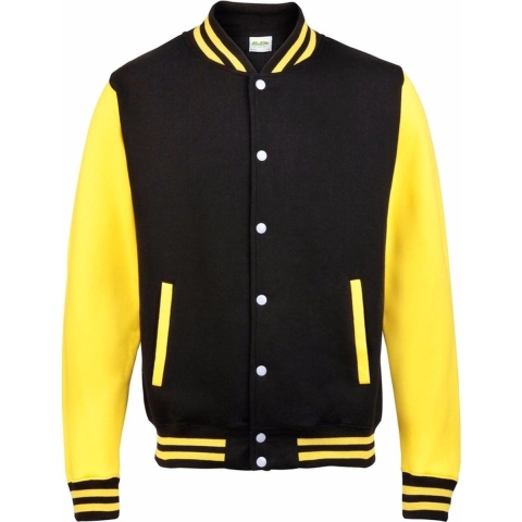 AWDis college jacket voor heren - zwart met geel - drukknopen - katoen/polyester M (40/50) -