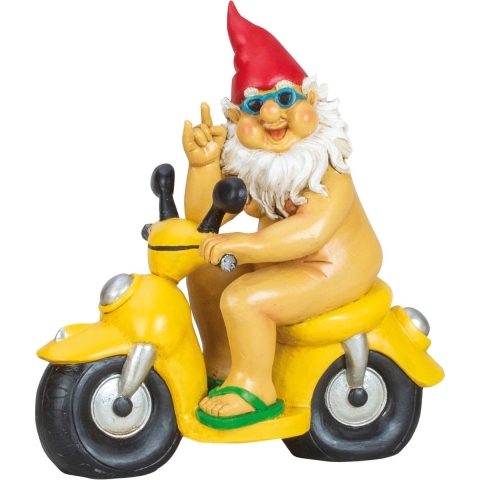 Tuinkabouter beeld Happy Nudist - Polystone - Op Scooter - 28 x 26 cm -