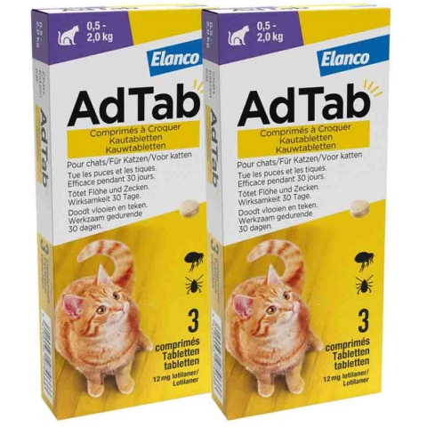 2x AdTab Anti Vlo en Teek Kauwtabletten Kat 0,5-2,0 kg 3 tabletten