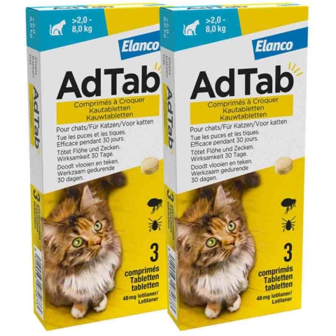 2x AdTab Anti Vlo en Teek Kauwtabletten Kat>2,0-8,0 kg 3 tabletten