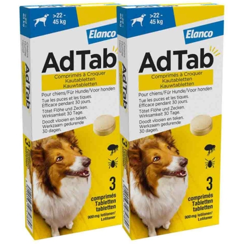 2x AdTab Anti Vlo en Teek Kauwtabletten Hond>22-45kg 3 tabletten