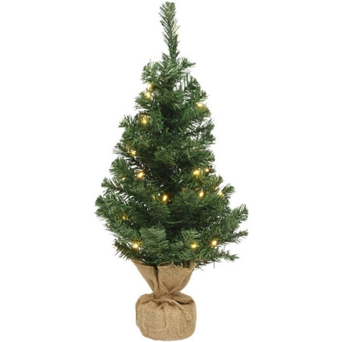 Volle mini kerstbomen groen in jute zak met verlichting 90 cm -