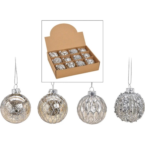 Kerstballen set - 12x stuks - glas - zilver - gedecoreerd - 6 cm - kerstversiering -