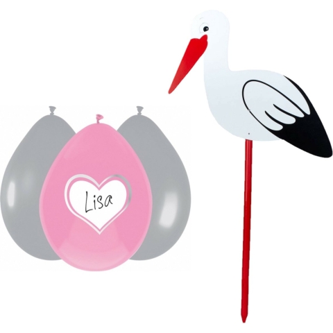 Geboorte versiering meisje - ooievaar geboorte bord - 100 cm hoog - 6x roze ballonnen -