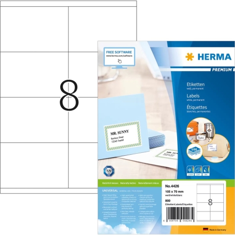 Herma 4426 Universele etiketten 105 x 70 mm Papier Wit 800 stuk(s) Permanent hechtend Inkjet, Laser (zwart/wit), Laser (kleur), Kopiëren (zwart/wit), Kopiëren