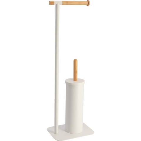 Toiletborstel met toiletrolhouder - vrijstaand - wit - metaal/bamboe - 67 cm -