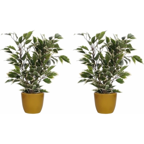 2x stuks groen/witte ficus kunstplant 40 cm met plantenpot okergeel D13.5 en H12.5 cm -