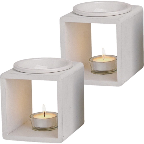 Geurbrander voor amberblokjes/geurolie/waxmelts - 2x - keramiek - wit - 11 x 11 x 13 cm -