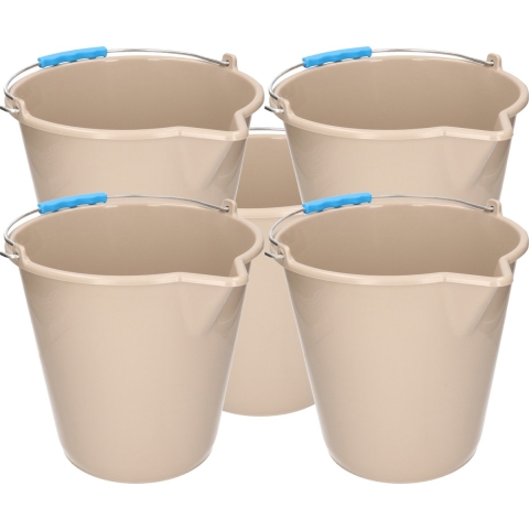 PlasticForte Emmer - 5x stuks - met schenktuit - 12L - mokka - schoonmaakemmer -