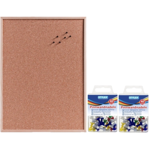 Prikbord van kurk 60 x 80 cm met 80 gekleurde punaises -