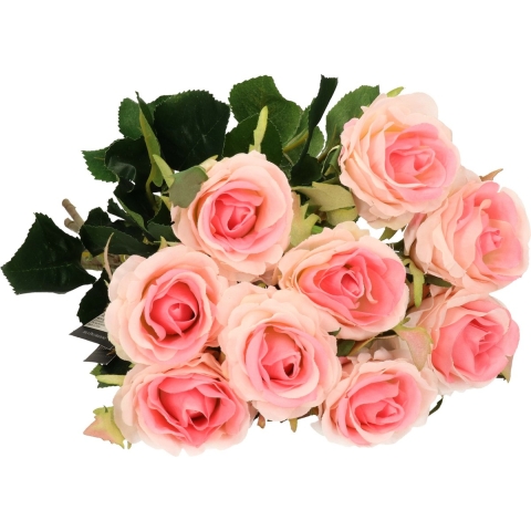 Kunstbloemen boeket roos Elena - 8x - roze - 48 cm - kunststof steel - decoratie bloemen -
