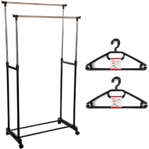 Kledingrek met kleding hangers - dubbele stang - kunststof/metaal - zwart - 80 x 42 x 170 cm -