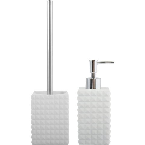 Toiletborstel in houder 37 cm/zeeppompje set Kubik - Polyresin/rvs - ivoor wit -