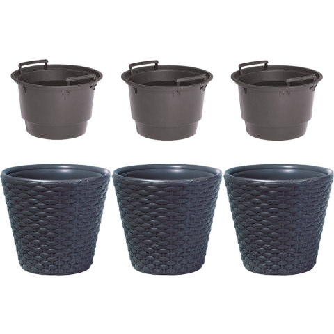 Set van 3x kunststof Rato rotan bloempotten/plantenpotten antraciet 12 liter met binnenpot 8 liter -
