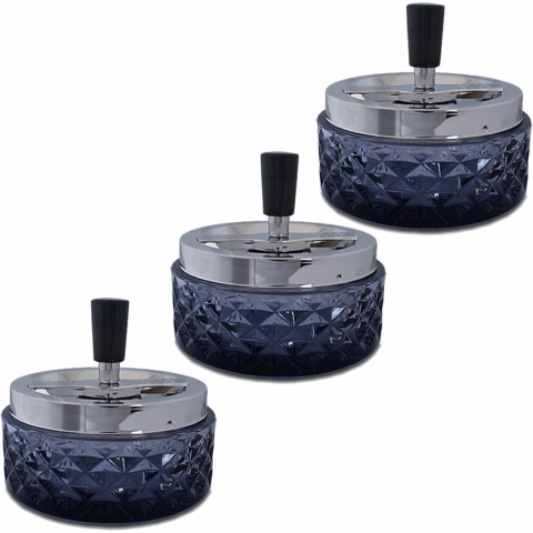 Draaiasbak - 3x - zwart - glas en chroom - 12 cm - drukasbak - asbak -