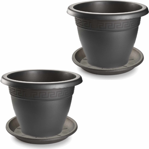 4x stuks bloempotten met onderschaal antraciet grijs rond diameter 40 cm -