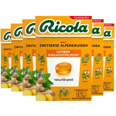 20x Ricola Gember Sinaasappelmunt Suikervrij Doosje 50 gr