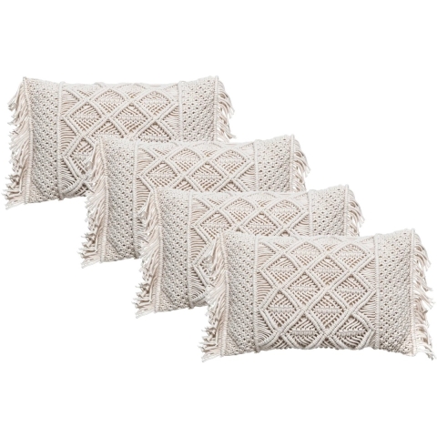 Sierkussen Macrame Ibiza voor binnen - 4x - ivoor wit - 30 x 50 cm - katoen/polyester -