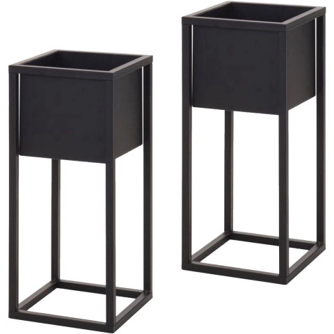 Plantenpot - 2x - zwart - op metalen standaard - 50 cm hoogte -