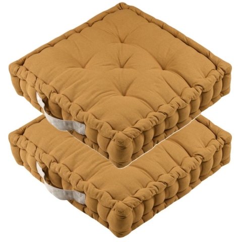 Stof Textile Vloerkussen DUO - 2x - mosterdgeel - katoen - 45 x 45 x 10 cm - vierkant - Extra dik -