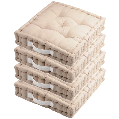 Stof Textile Vloerkussen DUO - 4x - lichtbeige - katoen - 45 x 45 x 10 cm - vierkant - Extra dik -