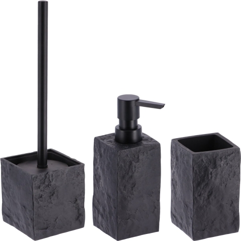 Badkamer set - WC-borstel/zeeppomp/tandenborstelbeker - zwart - kunststeen - polyresin -
