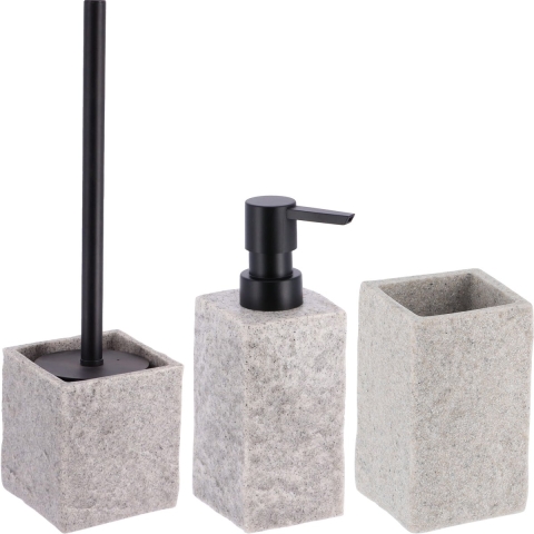 Badkamer set - WC-borstel/zeeppomp/tandenborstelbeker - grijs - kunststeen - polyresin -