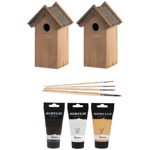 2x Houten vogelhuisje/nestkastje 22 cm - zwart/goud/zilver Dhz schilderen pakket -