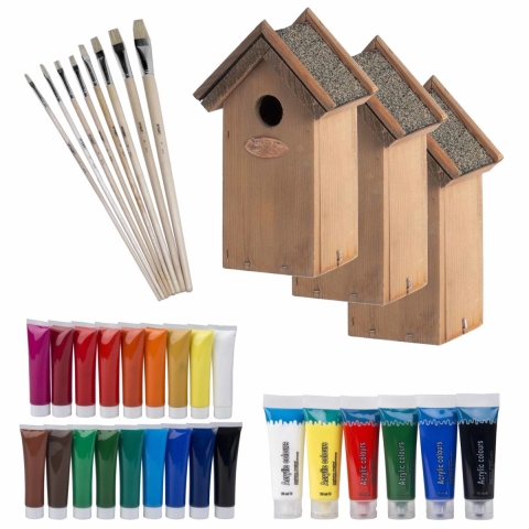 8x stuks houten vogelhuisje/nestkastje 22 cm - Zelf schilderen pakket - verf/kwasten -